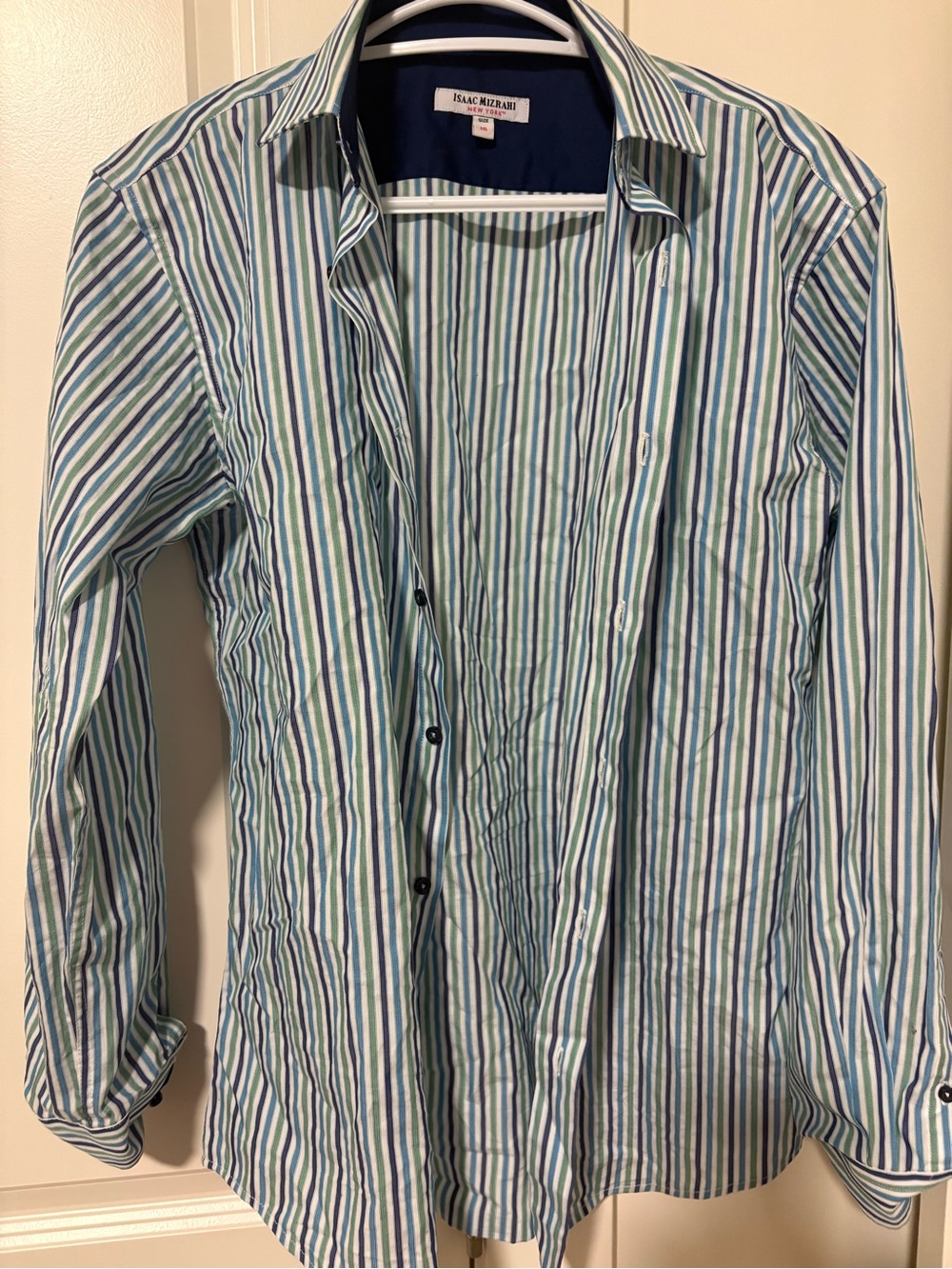 Isaac Mizrahi Men’s Blue & Green Stripe Dress Shirt 14 teen